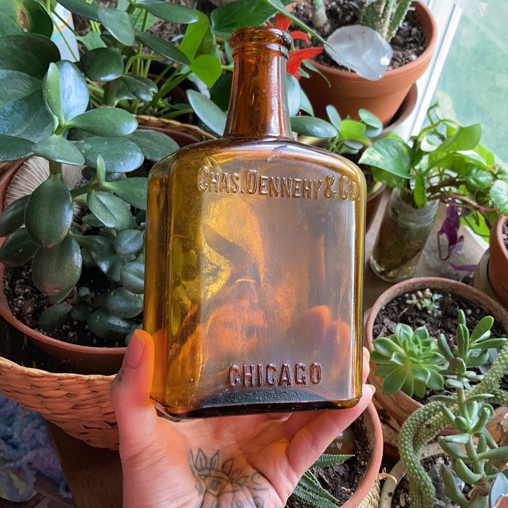 Antique 1883 Amber Whiskey Bottle : Chas Dennehy & Co. : Chicago : rare